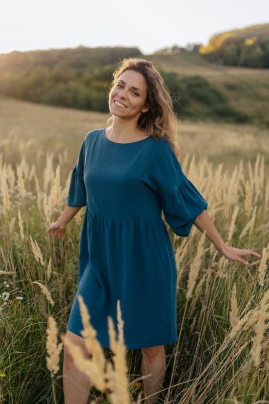 Linen dress with PUFF sleeves - petrol - Size: 3XL/4XL