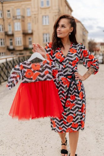 Exclusive - MATCHY - Elegant wrap dress - Wavy lines with poppies ​