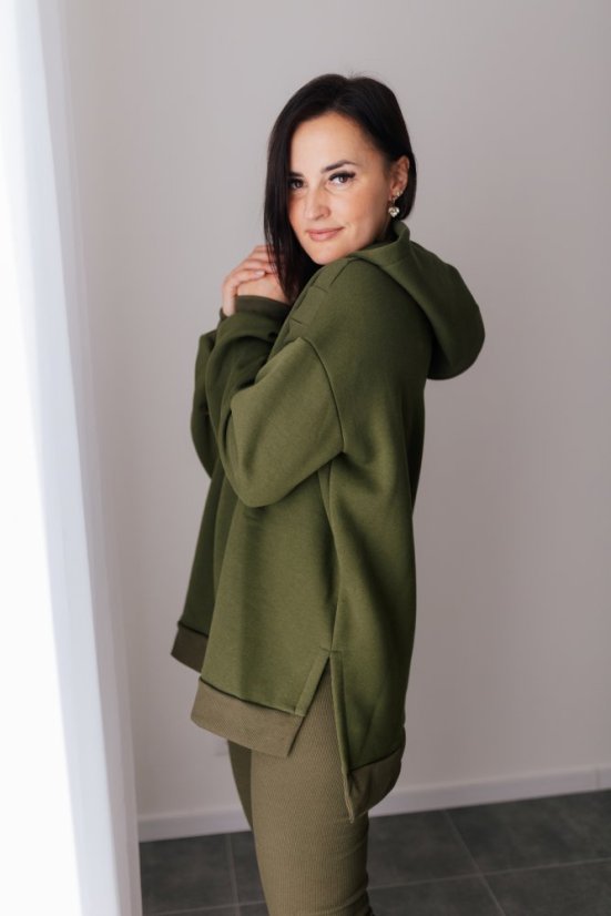 Asymetrická teplá mikina – khaki zelená - Velikost: UNI