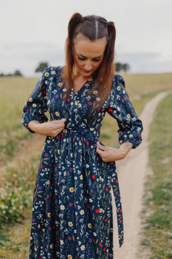Poplin wrap dress - dark blue flowers - Size: XL/2XL