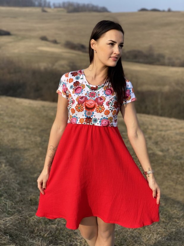 Šaty "Bohemia" Mušelín - červené folk - Velikost: XL