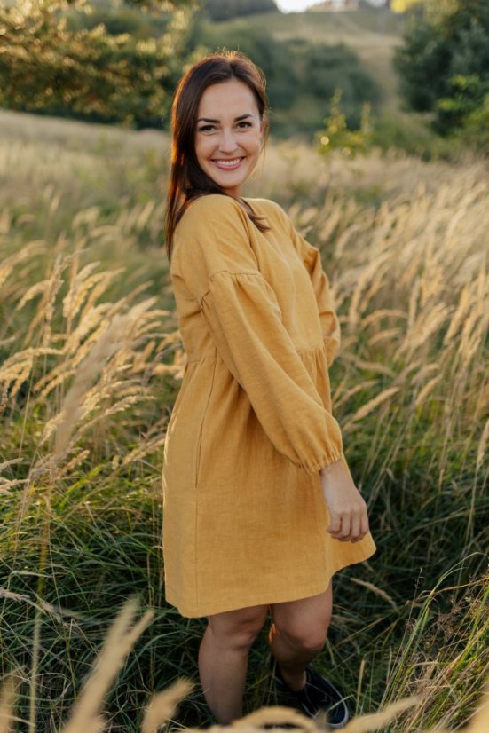 Linen dress with PUFF sleeves - Mustard - Size: XXS