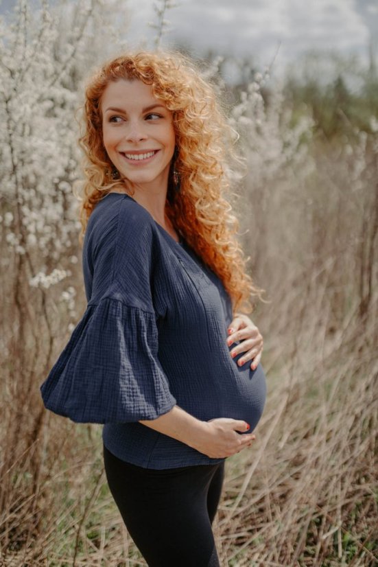 Mušelínová halenka s PUFF rukávy - Tmavě modrá - Velikost: XS/S