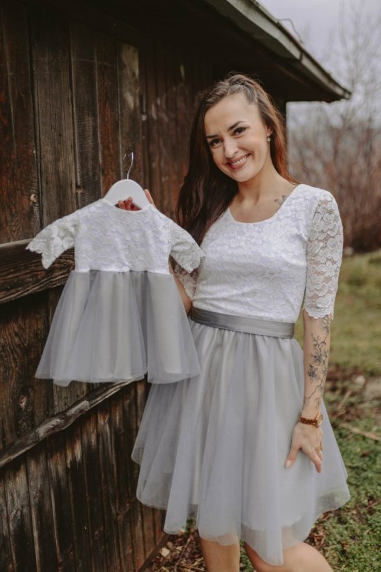 Formal tulle dress– white – grey - Size: S, Variant: For breastfeeding