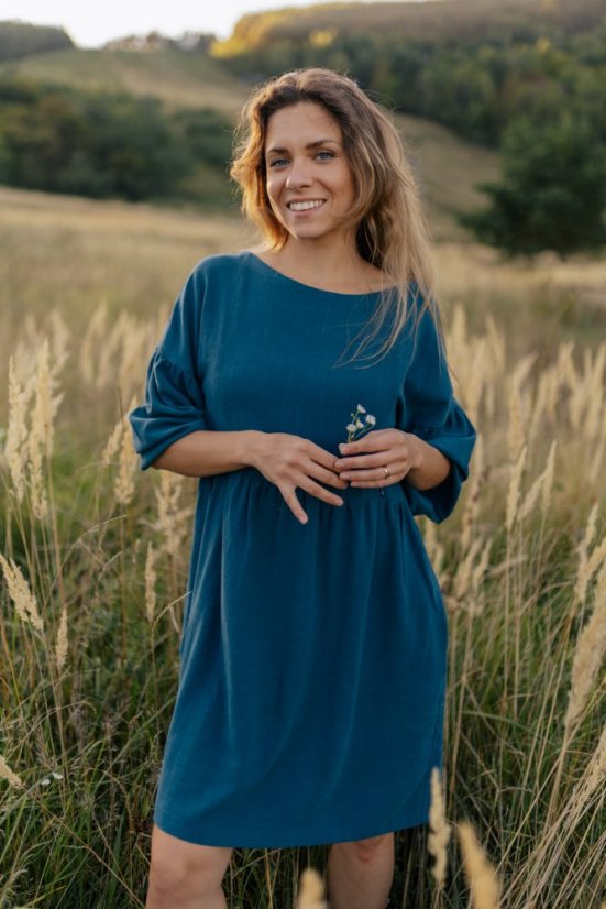 Linen dress with PUFF sleeves - petrol - Size: Custom size
