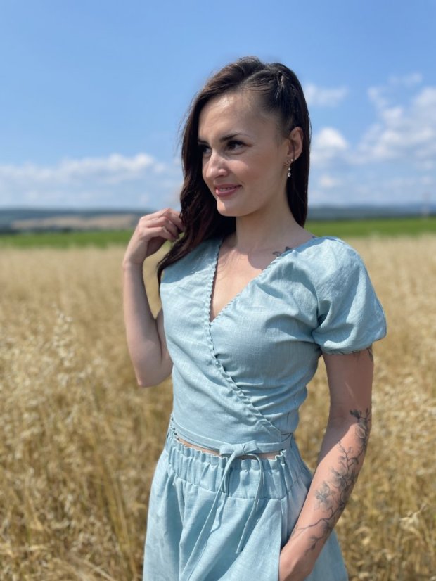 Lněný krátký set - Žlutá a tmavá máta