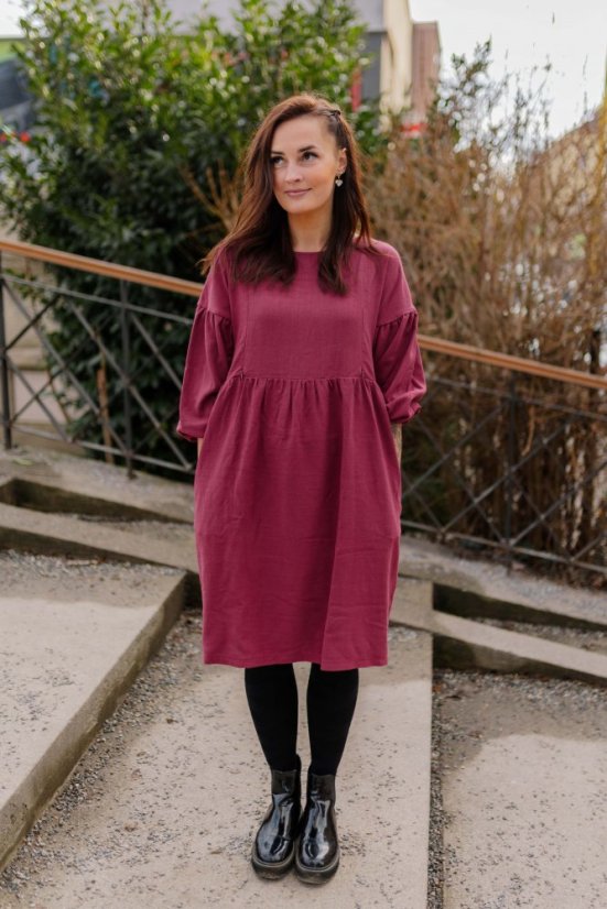 Linen dress with PUFF sleeves - Burgundy - Size: XS/S