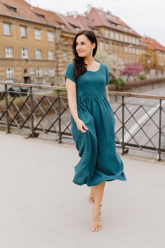 Maxi BOHO mušelínové šaty -  MAMA A DCERA - petrolej - Velikost: XS/S, Velikost dětské oblečení: 92-98
