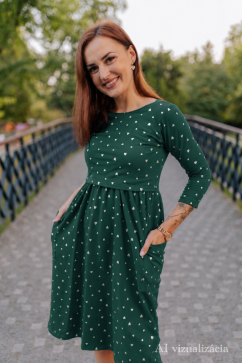 Teplákové MIDI šaty – Zlaté srdíčka na smaragdovej