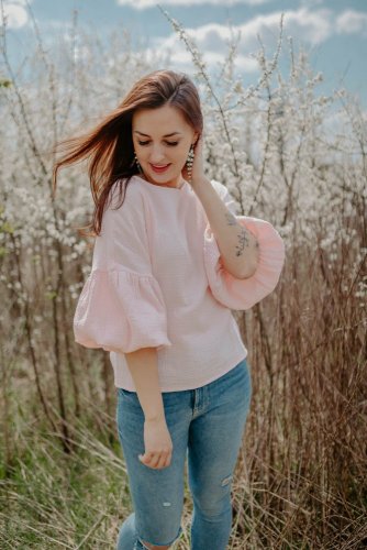 Muslin nursing blouse with PUFF sleeves - Pink