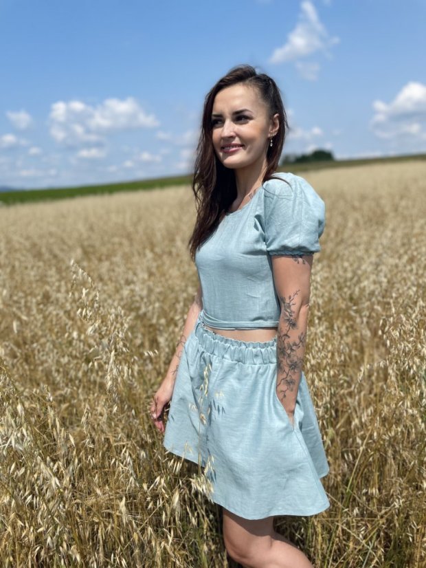 Lněný krátký set - Žlutá a tmavá máta