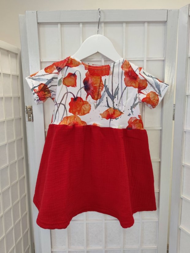 Children's muslin dress - poppies with red - Children's clothing size: 80-86
