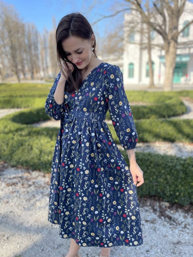 Poplin wrap dress - dark blue flowers - Size: XL/2XL