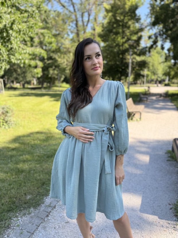 "Boho Breeze" dress - light mint - Size: M/L, Variant: For breastfeeding, Length of the sleeve: 3/4 - below the elbow, Length: Short, Belt: With a belt, Pockets: with pockets