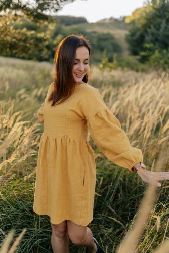Linen dress with PUFF sleeves - Mustard