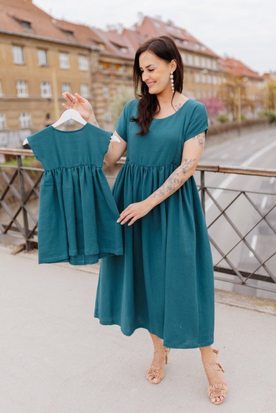 Maxi BOHO mušelínové šaty -  MAMA A DCERA - petrolej - Velikost: XS/S, Velikost dětské oblečení: 92-98
