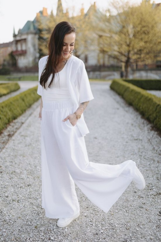 Dlouhé lněné maxi kalhoty s kapsami - Bílé - Velikost: XS/S