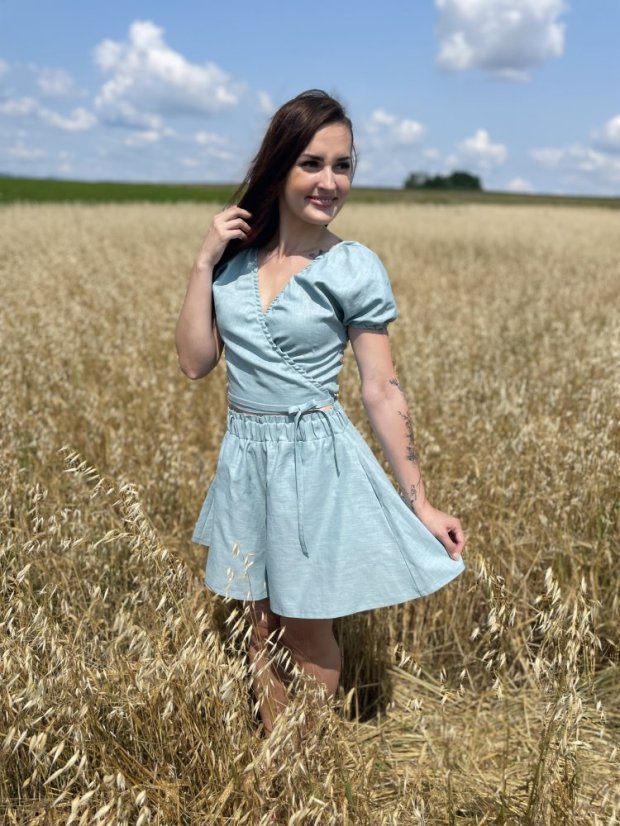 Lněný krátký set - Žlutá a tmavá máta