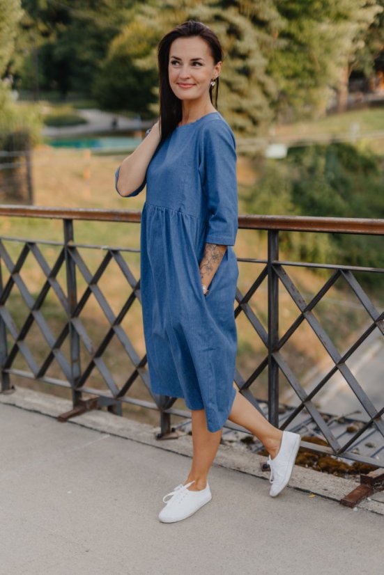 Denim midi dress with pockets - different colors and patterns