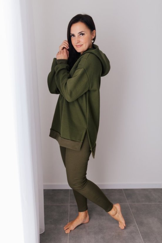 Asymetrická teplá mikina – khaki zelená - Velikost: UNI