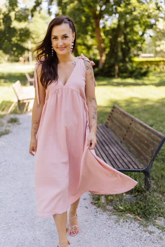 Linen "Aura" dress - pink - Size: M/L, Variant: For breastfeeding, Length: Long