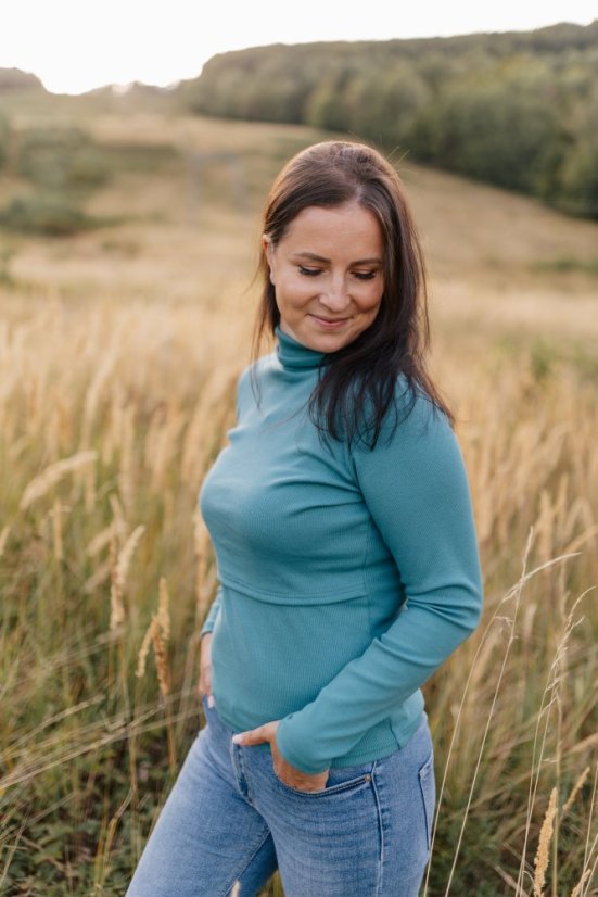 Ribbed knit nursing turtleneck - pastel petrol - Size: L