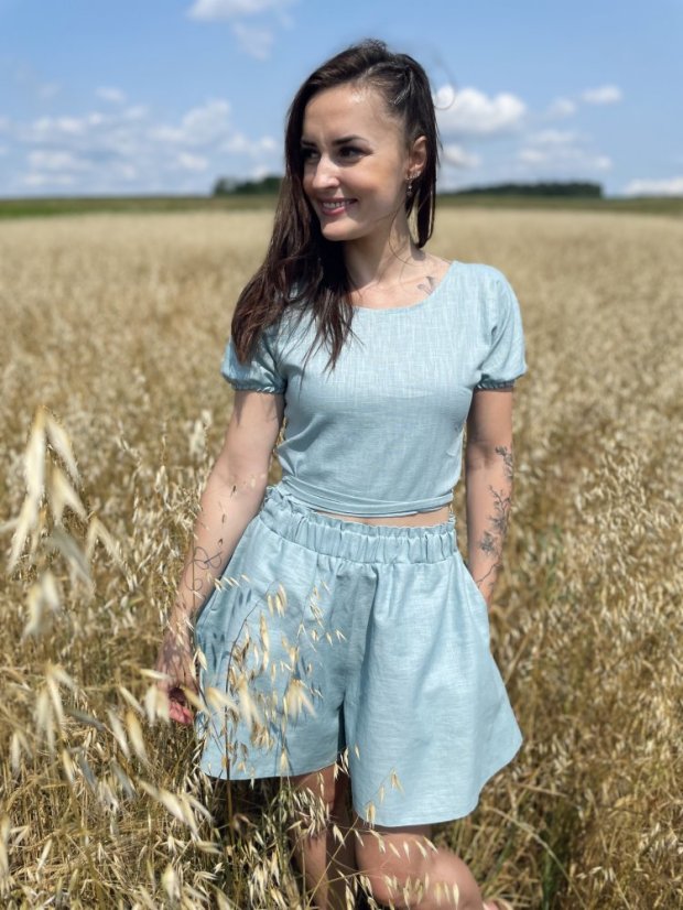 Lněný krátký set - Žlutá a tmavá máta