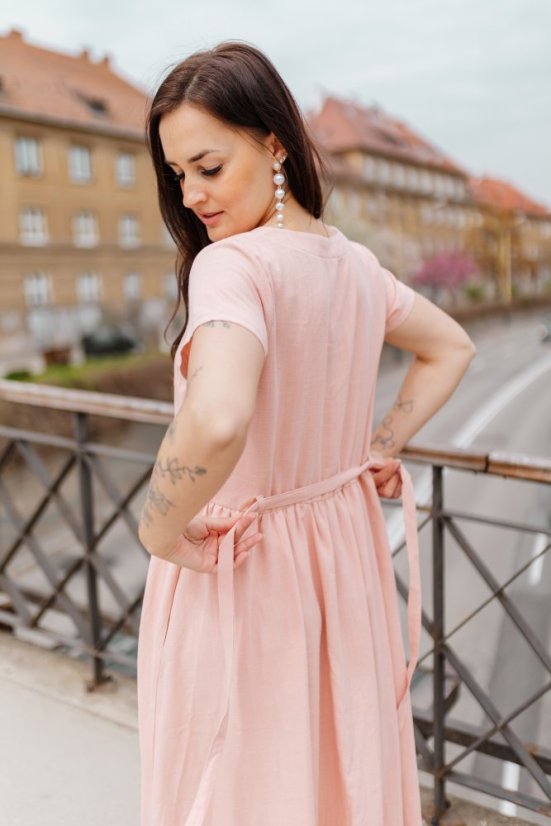 Lněné šaty "Harmonia" - pudrově růžová - Velikost: XL/2XL