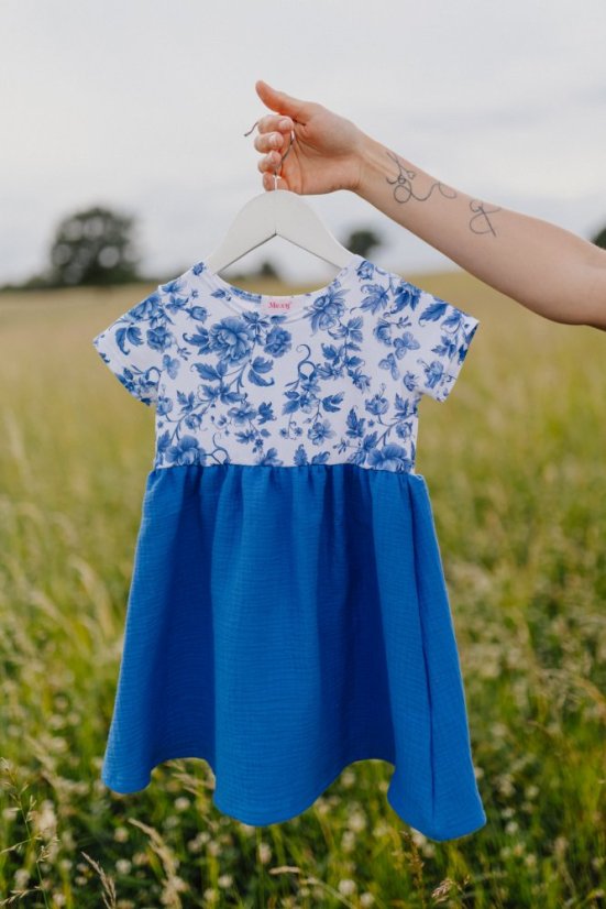 Mušelínové šaty ke kojení - MAMA a DCERA –modré květiny - Velikost: XL