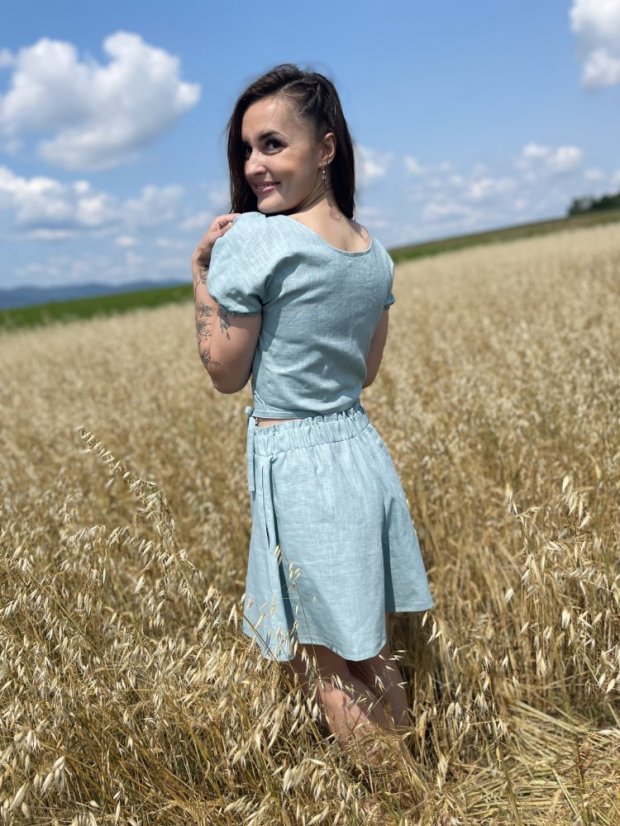 Lněný krátký set - Žlutá a tmavá máta