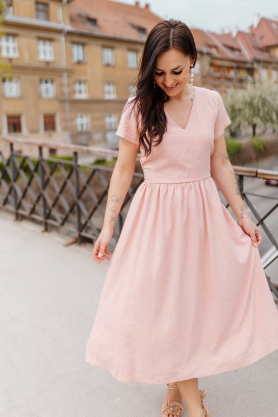 Lněné šaty "Harmonia" - pudrově růžová - Velikost: XL/2XL