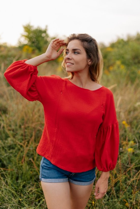 Mušelínová halenka s PUFF rukávy - červená - Velikost: XS/S