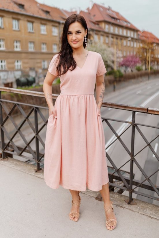 Lněné šaty "Harmonia" - pudrově růžová - Velikost: XL/2XL
