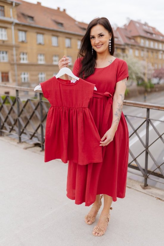 Maxi BOHO mušelínové šaty -  MAMA A DCERA - tmavě červené - Velikost: L/XL, Velikost dětské oblečení: 92-98