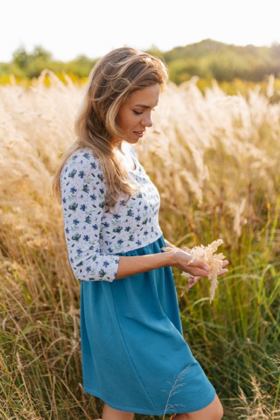 Teplákové šaty ke kojení s nasbíranou sukní – Modré kvítky - Velikost: S