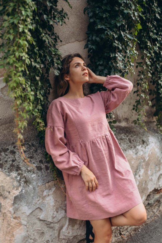 Linen dress with PUFF sleeves - Old pink - Size: XS/S