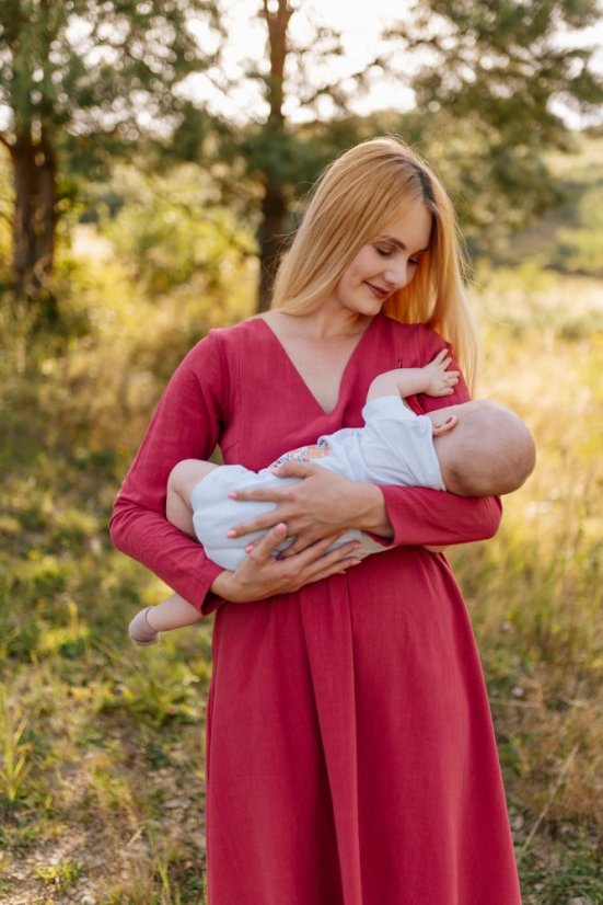 Kojicí lněné šaty "Harmonia" - bordó - Velikost: XS/S