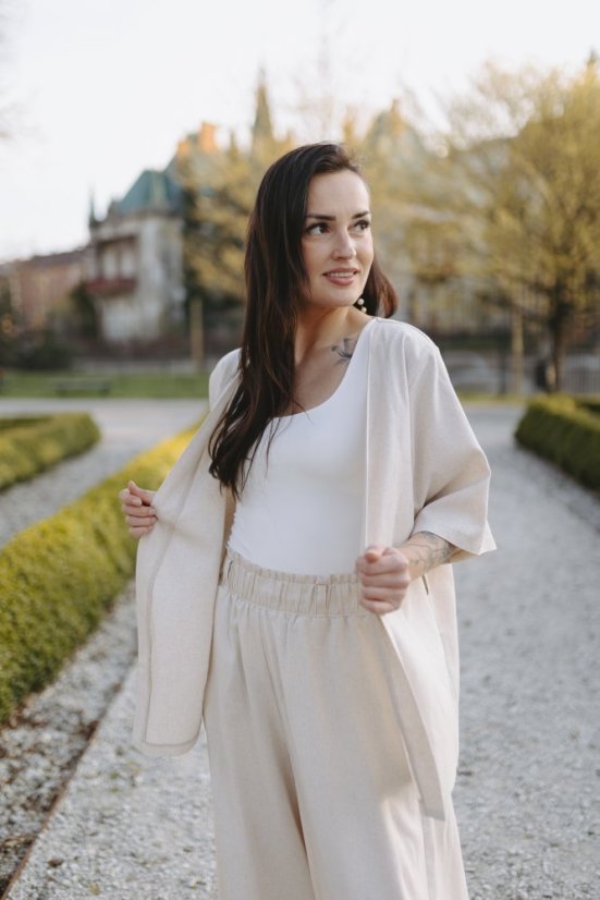 Krátké lněné kimono - písková - Velikost: XXS