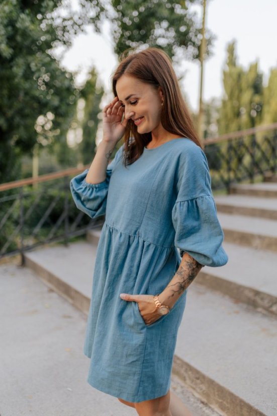 Lněné šaty "Maison Linen" - Tmavá máta - Velikost: M/L