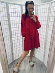 Linen dress with PUFF sleeves - Red