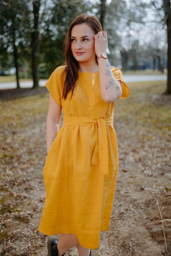 Lněné MIDI šaty – Hořčicová - Velikost: 3XL/4XL