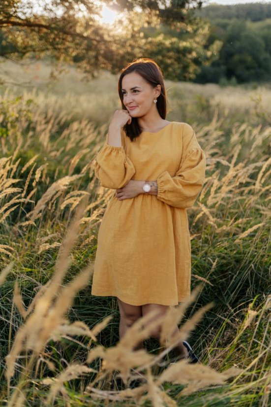 Linen dress with PUFF sleeves - Mustard - Size: Custom size