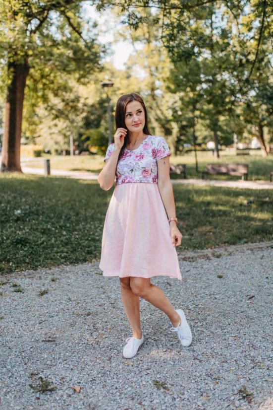 Mušelínové šaty ke kojení - rúžové pivonky - Velikost: XL