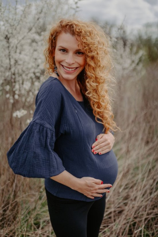 Mušelínová halenka s PUFF rukávy - Tmavě modrá - Velikost: XS/S