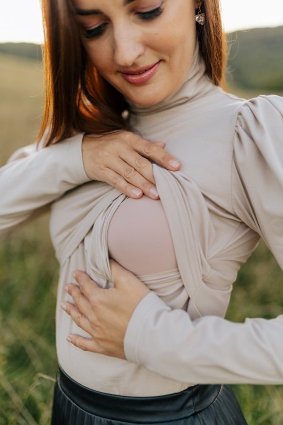 Elegantní rolák s puff rukávy - Béžová - Velikost: L