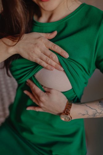 Breastfeeding Dress – Straight-line cut with pockets - Green - Size: XS