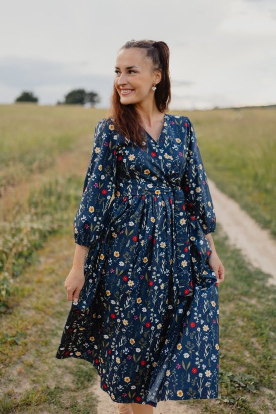 Poplin wrap dress - dark blue flowers - Size: XL/2XL