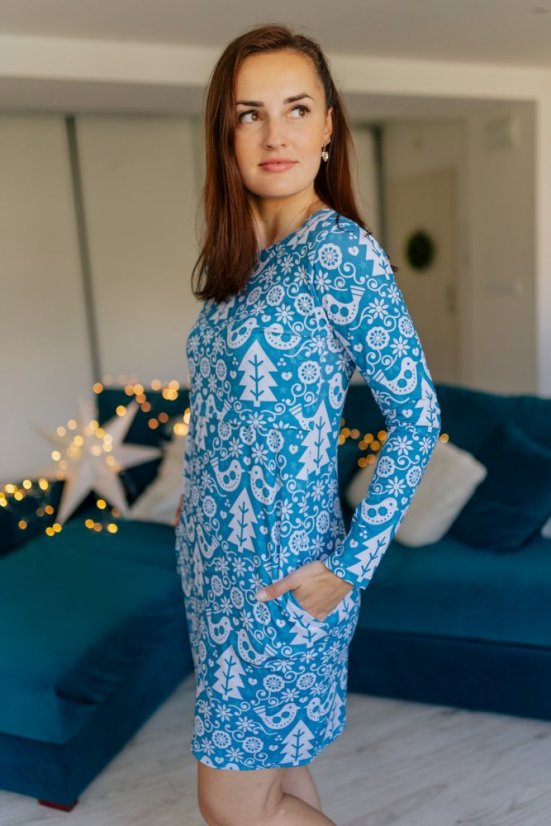 Straight Christmas dress with pockets - blue birds