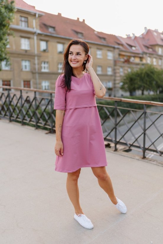 A-line cut nursing dress with pockets - dark old pink