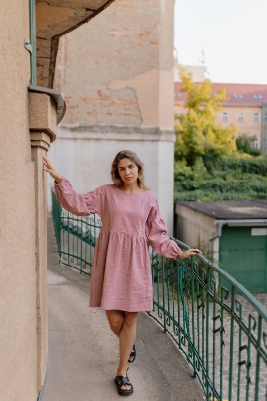 Linen dress with PUFF sleeves - Old pink - Size: 3XL/4XL
